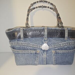 Denim and Black Leather Women's Bag